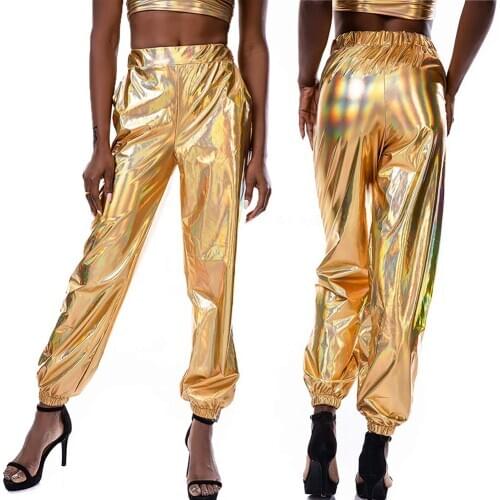 Women Smoothy Reflective Women High Waist Metallic Shiny Jogger Casual Holographic Color Fashion Streetwear Pants