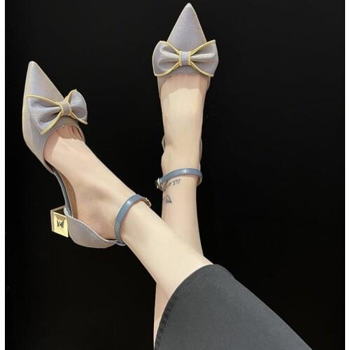 Elegant Bowknot Fashion Pointed Toe Sexy One-Word Buckle High Heels Summer Hot Sale Ladies Single Shoes Large Size 34-40