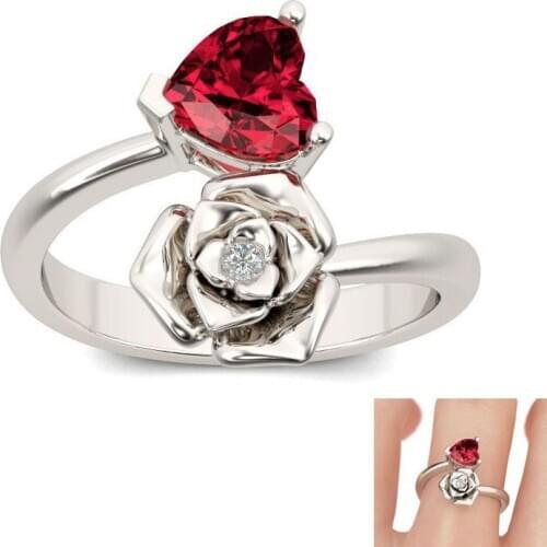 2020 Creative Flower Ring For Women Unique Heart Shaped Red Crystal Engagement Wedding Ring Gift for Women and Girls