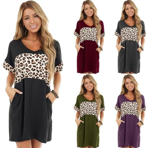 2021 womens summer fashion casual round neck dress leopard pattern stitching pocket short sleeve T-shirt dress summer