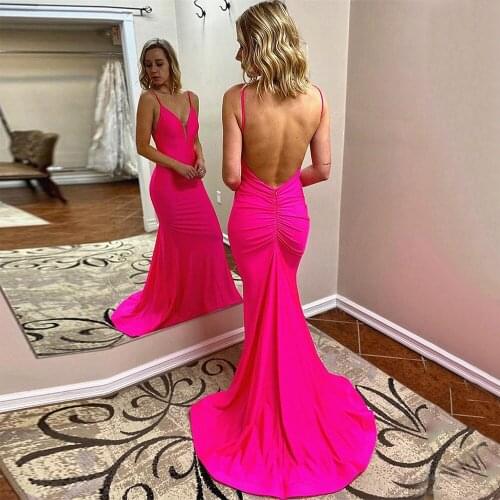 Sexy Deep V-Neck Hot Pink Mermaid Long Evening Dress 2021 Spaghetti Straps Backless Sleeveless Party Prom Gowns
