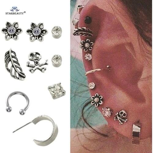 Retro 9 pcs/lot Skull Flower Leaf Ear Piercing Helix Piercing Tragus Nose Ring Pircing Bijoux Fake Earrings Brinco Body Jewelry