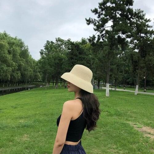 Summer Badama Women Big Brim Beach Sunhat Japanese Holiday Protection Fold Sun Holiday Hepburn Flat Elegant Hat Style Top C U6N0