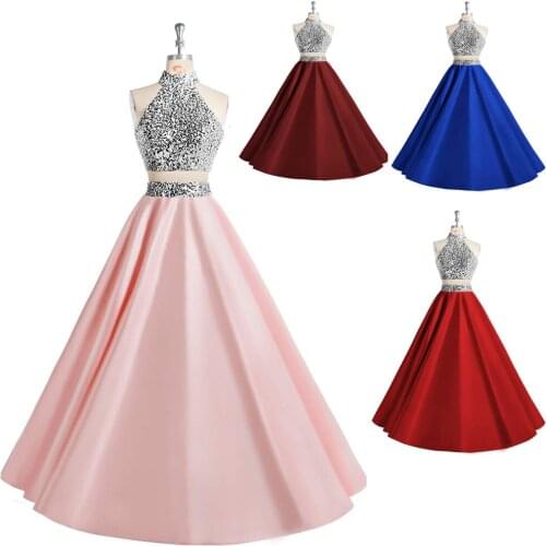 Shining Sequined and Beaded 2 Pieces Evening Dresses Pink Satin Girls Homecoming Outfits Floor Length Party Robes De Soiree