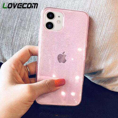LOVECOM Transparent Glitter Phone Case For iPhone 12 Mini 11 Pro Max X XS Max XR 6 6S 7 8 Plus Candy Color Full Body Back Cover