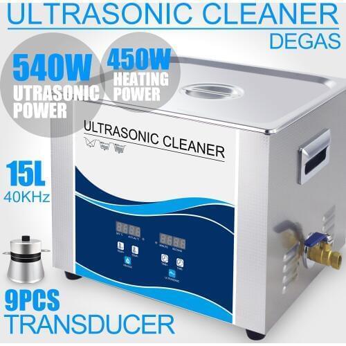 540W Ultrasonic Cleaner 15L Bath 40KHZ 110/220V Heater Degas Car Ultrasound Glassware Lab Motor Engine Injector Cleaning