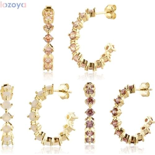 Lozoya 925 Sterling Silver Gold Opal Champagne Hoops Earring Circle Rihodolite Loops Clips Huggies Luxury Wedding Jewelry Gift