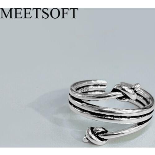 MEETSOFT Silver Color Opening Ring For Women Simple Adjustable Retro Rope Knot Double Layer Jewelry Gift