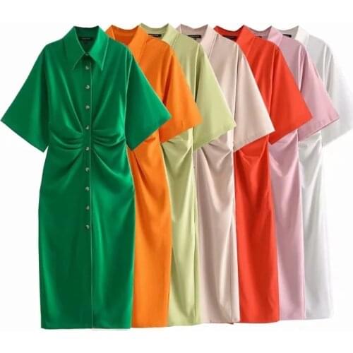 Fashion Pleated embellished shirt dress Women Solid Orange Tunic Dress Short Sleeve Elegant Ladies Midi green Dress Vestidos