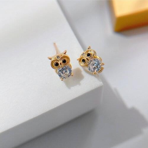 Fashion Gold Color Owl White Crystal Ear Stud Cute Animal Personality Earrings For Women Girls Birthday Party Vintage Jewelry