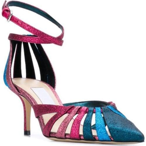 Moraima Snc Summer Colorful Glitter Embellished High Heels Sandals Sexy Pointed Toe Thin Heels Gladiator Shoes Woman Dress Heels