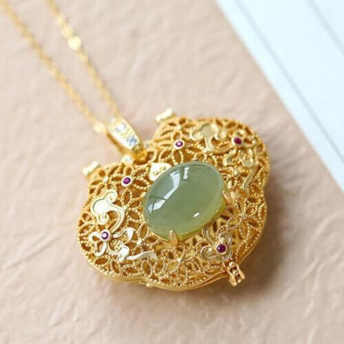 Natural Hetian Jasper Geometric Open Hollow Pendant Necklace Chinese Retro Light Luxury Charm Womens Silver Jewelry