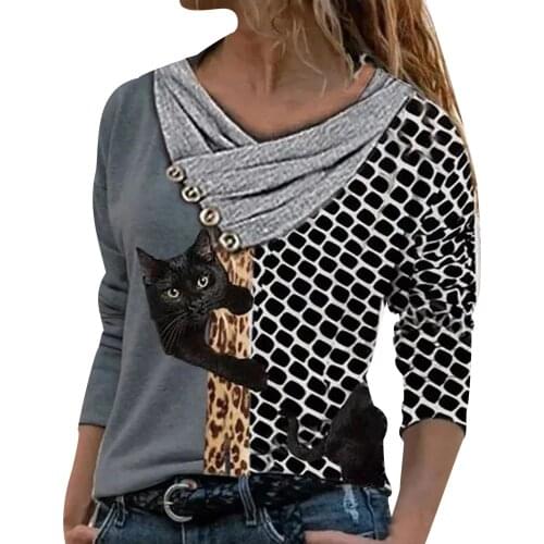 New Ladies Casual Vintage Tops Cross Sweatshirt Autumn Winter Ladies V-Neck Buttons Printed Long Sleeve Temperament Sweatshirt