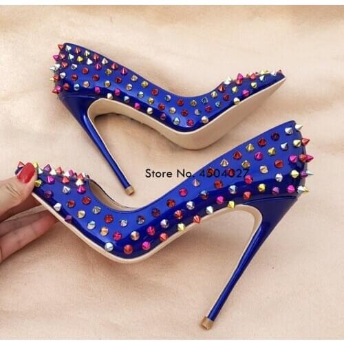Rivets Women Sexy Pointed Toe Pumps Extreme High Ultra Thin Heels Shoes Ladies Patent Leather Fashion Party Shoes