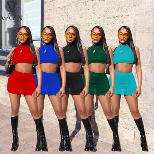 VAZN 2021 INS See Through Sexy Club Little Chap Solid Simple Sweet Short Sleeve High Waist Mini Skirts Skinny Women 2 Piece Set