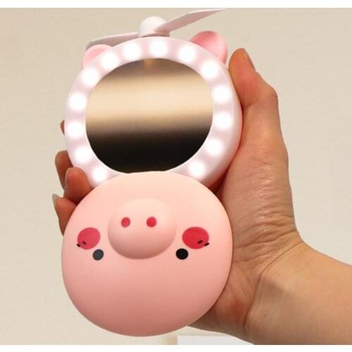 Cute Pig Cosmetic Mirror Makeup Mirror Cooling Fan Light Compact Portable Mirror USB Rechargeable Indoor Outdoor Camping Travel
