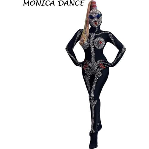 Sexy DJ Nightclub Bar Stage Wear Rhinestones Black Jumpsuit Headwear Dance Outfit Rave Party Halloween Costume Cosplay