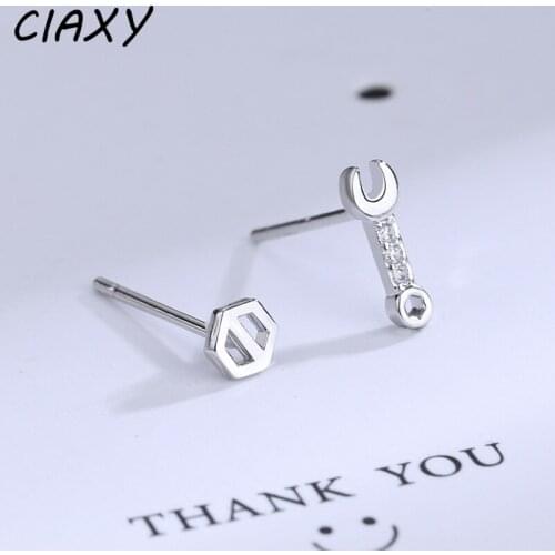 CIAXY 925 Sterling Silver Zircon Screw Wrench Stud Earrings for Women Asymmetrical Earring Hiphop Rock Jewelry