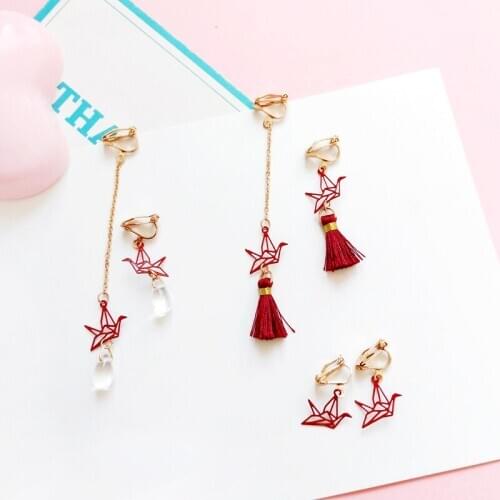 JIOFREE Geometric asymmetry Thousand paper cranes tassel fashion Clip on Earrings no pierced Wedding Party Jewelry Gift