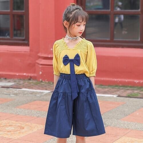 School clothes 2 kids girls summer clothing set kids shirt shirt tops and knee-length pants