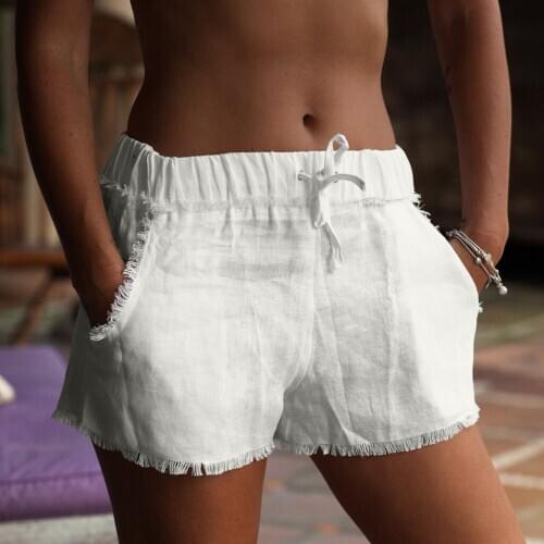 Women Shorts Fashion Fringe Shorts Solid Color Breathable Elastic Shorts with Pockets Summer Travel Beach Short Home Shorts