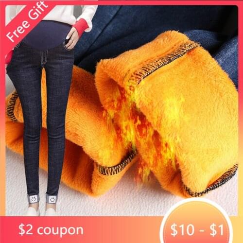 Skinny Golden Velvet Jeans Maternity Pants For Pregnant Women Clothes Stretch Thicken Leggings Pregnancy Winter Warm Denim Jeans