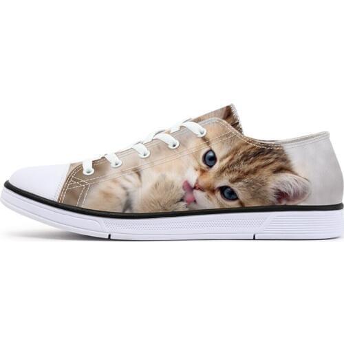 2019 New Style Cute Animal Print Women Canvas Shoes Lace Up Flats Cat Printed Casual Shoes Fashion Sneakers for Lady Custom Shoe