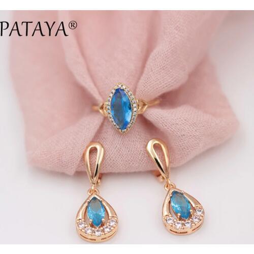PATAYA New Exclusive 585 Rose Gold Drop Earrings Rings Sets Horse Eye Blue Natural Zirconia Women Party Wedding India Jewelry