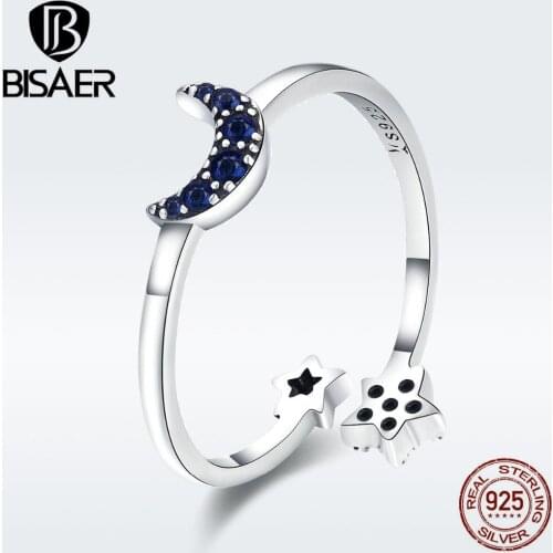 BISAER Anel 925 Sterling Silver Blue Moon And Star Adjustable Finger Rings for Women Sterling Silver Engagement Jewelry ECR437