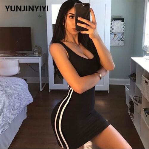 Summer Dress Women Casual Street Sleeveless Print Striped Dress Vintage Slim Bodycon Dress Sexy Club Robes Sexy Style Fashion