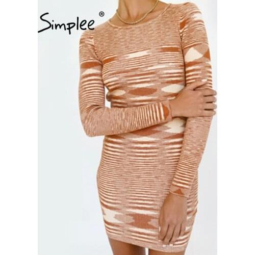 Simplee O-neck long sleeves stripes sheath knitted dress women High street slim autumn sweater dresses Fashion mini vestido 2021