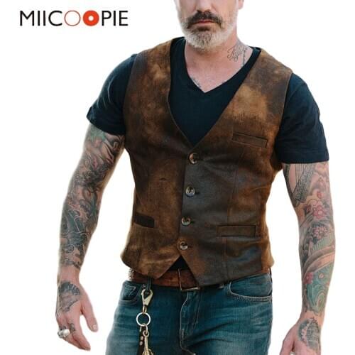 Vintage Imitation Leather Single-breasted Men Casual Vests Jacket Autumn New Fashion V-Neck Sleeveless Chaleco Hombre Streetwear