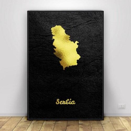 Golden Map Serbia Canvas Wall Art Print Modern Poster Wall Pictures Living Room Decor