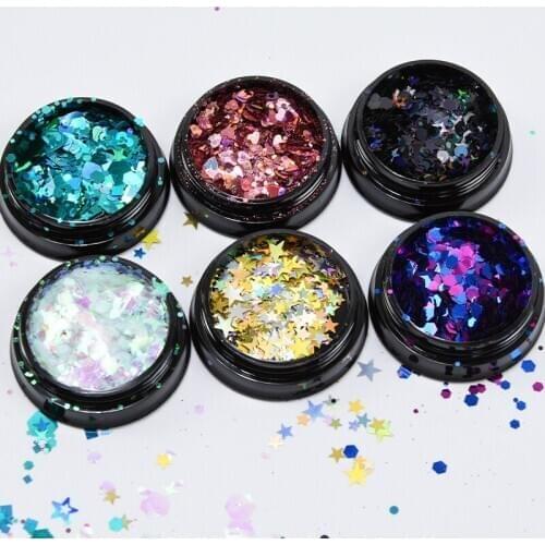 1Box Nail Glitter Sequins Mixed Size Stars&hexagon&Heart Flake Gradient Ultra-fine Flash Glitter Slice Colorful Shinny Sequins