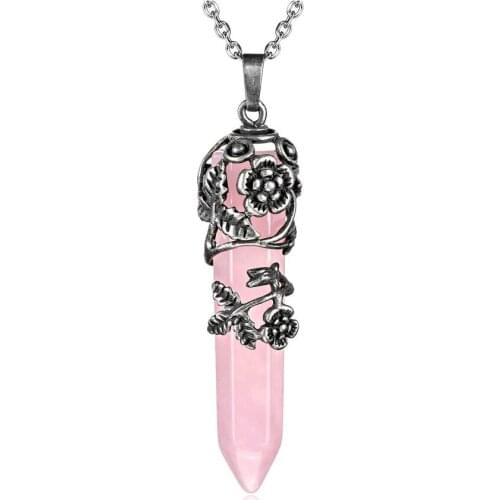 12pcs/lot 10*50mm Flower Wrapped Natural Rose Quartzs Healing Crystal Necklace Pendants Natural Stone Pendant Pendulum Wholesale