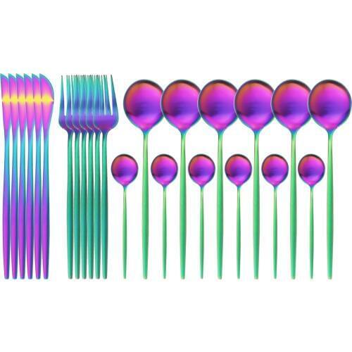 24Pcs Rainbow Cutlery Set Stainless Steel Tableware Set Knives Forks Spoons Dinnerware Set Party Kitchen Flatware Silverware Set