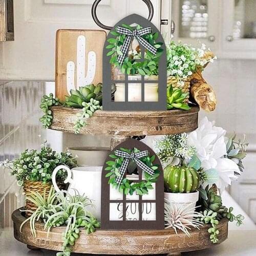 4Pcs Wooden Farmhouse Window Tiered Tray Decoration Plaid Rustic Farmhouse Wooden Tray Decor Cathedral Arch Photo Prop