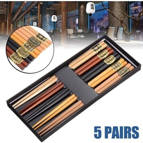 5 Pairs Natural Wooden Chopsticks Set Environmentally Reusable Wood Chopsticks Portable Family Tableware Black Gift Boxs