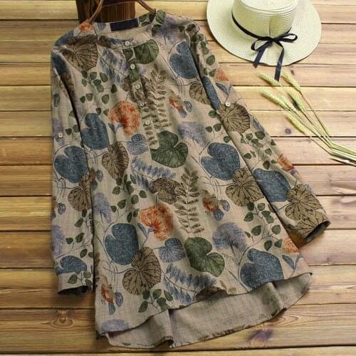 Plus Size Cotton Linen Blouse Womens Vintage Flora Printed Tunics T Shirt Short Sleeve O-neck Pullover Blouse Рубашка Женская