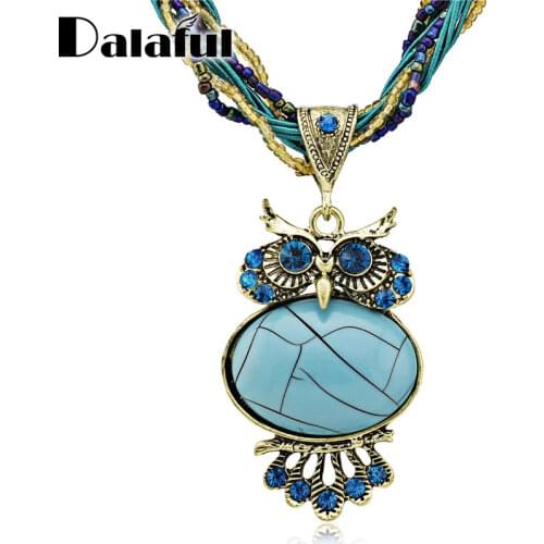 Bohemia Stunning Crystal Owl Chunky Gem Bronze Rope Chain Pendant Clavicle Glass Beads Necklace Free Shipping B040
