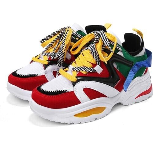 Brand 2019 new Fashion Casual Women Shoes Mixed Color Lace Up Females Shoes Street Style Daddy Jogging Walking Trekking Sneakers