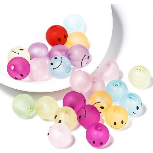 50pcs/pack Acrylic Frosted Candy Color Rubber Beads Smiley Face Straight Hole Round Beads DIY Bracelet Ornament Wholesale