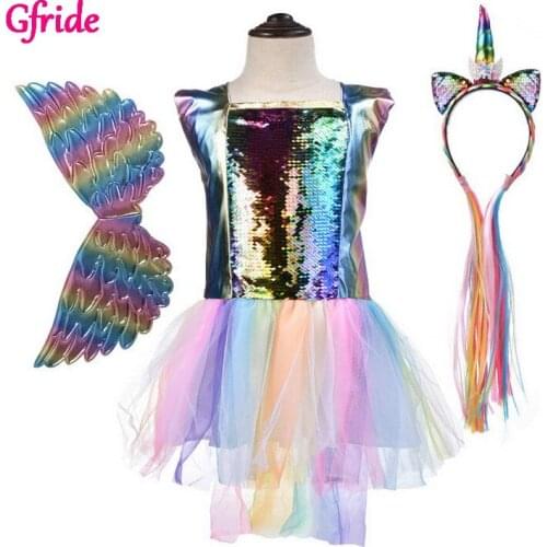 Girls Halloween Rainbow Unicorn Costume Sequin Pony Tutu Dress Headband and Wings Cosplay Unicorn Dress For Kids Party Clothes