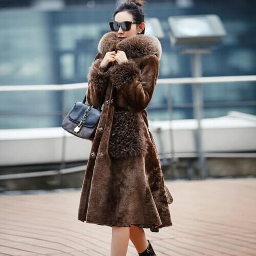 Double Faced Coat Female Fox Collar Natural Sheep Shearling Fur Winter Women Genuine Leather Jacket MY