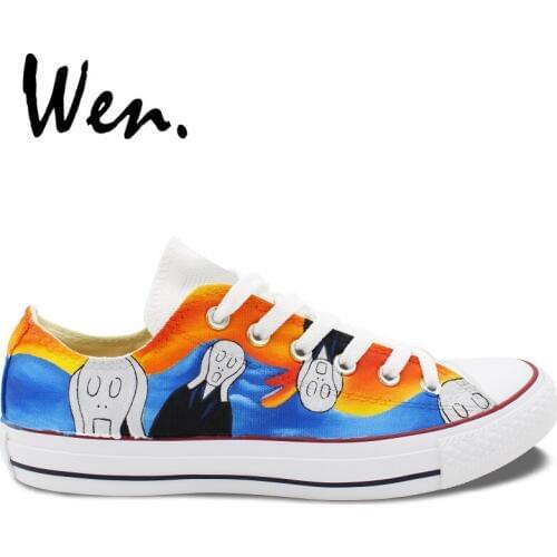 Wen Men Graffiti Shoes Design Custom Scream Hand Painted Shoes White Sewing Canvas Women Sneakers Low Top Lace up Plimsolls