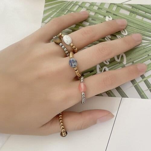 Fashion Stainless Steel Beaded Rings with Natural Stone Wedding Jewelry Handamde Oval Malachite Tigereye Wedding Ring for Women