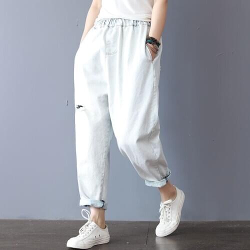 Casual Vintage Ripped Jeans Plus Size New Arrival Summer Women Elastic Waist Loose Cotton Denim Harem Pants All-Matched