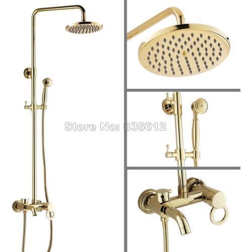 Luxury Rain Shower Faucet Set Gold Color Brass / Single Handle Bathroom Tub Mixer tap / Handheld Shower Head Wall Mount Wgf404