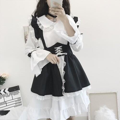 Japanese Soft Girl Lolita Dress Gothic Loli Maid Outfit Cos Dresses Sweet Kawaii Bow Tulle Patchwork Suspender Women Cute Dress