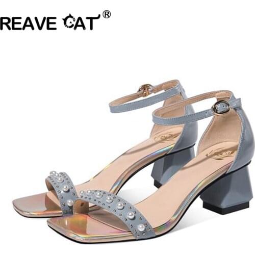 REAVE CAT Size 42 Cow Leather High Heel Open Toe Rivets Pearl Princess Style Slingback Buckle Straps Sandals Cover Heel B2630